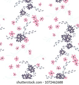 Small Floral Seamless Pattern with Cute Daisy Flowers and Pansies. Girlie Texture in Liberty Style for Curtains, Calico, Paper. Vector Spring Rapport.