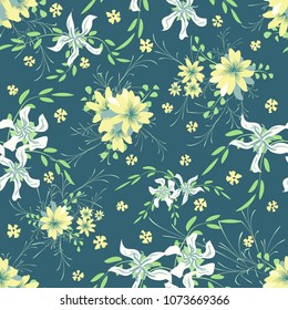Small Floral Seamless Pattern with Cute Daisy Flowers and Pansies. Feminine Texture in Country Style for Cloth, Textile, Wallpaper. Vector Spring Rapport.