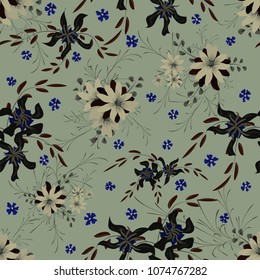 Small Floral Seamless Pattern with Cute Daisy Flowers and Pansies. Trendy Texture in Liberty Style for Linen, Textile, Wallpaper. Vector Spring Rapport.