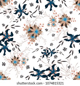 Small Floral Seamless Pattern with Cute Daisy Flowers and Pansies. Feminine Texture in Rustic Style for Fabric, Calico, Chintz. Vector Spring Rapport.