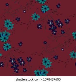 Small Floral Seamless Pattern with Cute Daisy Flowers and Pansies. Trendy Texture in Rustic Style for Fabric, Calico, Paper. Vector Spring Rapport.
