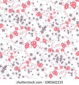 Small Floral Seamless Pattern with Cute Daisy Flowers and Pansies. Feminine Texture in Rustic Style for Curtains, Print, Textile. Vector Spring Rapport.