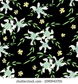Small Floral Seamless Pattern with Cute Daisy Flowers and Pansies. Delicate Texture in Rustic Style for Curtains, Print, Textile. Vector Spring Rapport.