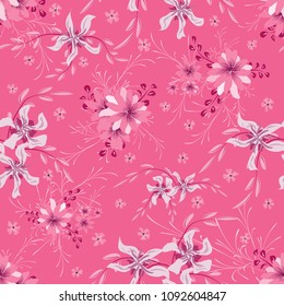 Small Floral Seamless Pattern with Cute Daisy Flowers and Pansies. Delicate Texture in Country Style for Linen, Calico, Chintz. Vector Spring Rapport.