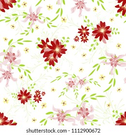 Small Floral Seamless Pattern with Cute Daisy Flowers and Pansies. Pretty Texture in Country Style for Curtains, Calico, Textile. Vector Spring Rapport.