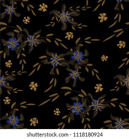 Small Floral Seamless Pattern with Cute Daisy Flowers and Pansies. Feminine Texture in Rustic Style for Cloth, Textile, Wallpaper. Vector Spring Rapport.