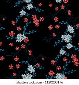 Small Floral Seamless Pattern with Cute Daisy Flowers and Pansies. Delicate Texture in Liberty Style for Fabric, Calico, Paper. Vector Spring Rapport.