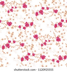 Small Floral Seamless Pattern with Cute Daisy Flowers and Pansies. Delicate Texture in Rustic Style for Curtains, Calico, Paper. Vector Spring Rapport.