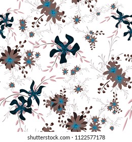 Small Floral Seamless Pattern with Cute Daisy Flowers and Pansies. Girlie Texture in Country Style for Fabric, Calico, Chintz. Vector Spring Rapport.