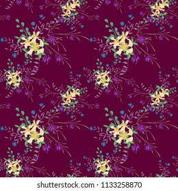 Small Floral Seamless Pattern with Cute Wildflowers. Girlie Natural Background in Rustic Style with Small Blossoms of Daisy Flowers. Vector Ditsy Pattern for Fabric, Textile. Floral Texture