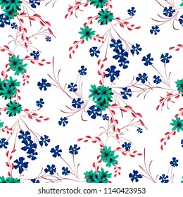 Small Floral Seamless Pattern with Cute Daisy Flowers and Pansies. Pretty Texture in Liberty Style for Curtains, Print, Textile. Vector Spring Rapport.