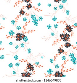 Small Floral Seamless Pattern with Cute Daisy Flowers and Pansies. Trendy Texture in Country Style for Curtains, Print, Textile. Vector Spring Rapport.