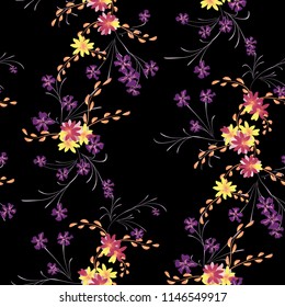 Small Floral Seamless Pattern with Cute Daisy Flowers and Pansies. Feminine Texture in Country Style for Fabric, Calico, Chintz. Vector Spring Rapport.