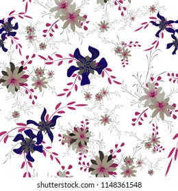 Small Floral Seamless Pattern with Cute Daisy Flowers and Pansies. Girlie Texture in Rustic Style for Linen, Textile, Wallpaper. Vector Spring Rapport.