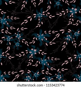 Small Floral Seamless Pattern with Cute Daisy Flowers and Pansies. Pretty Texture in Liberty Style for Fabric, Calico, Chintz. Vector Spring Rapport.