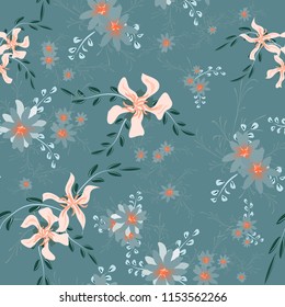 Small Floral Seamless Pattern with Cute Daisy Flowers and Pansies. Feminine Texture in Rustic Style for Linen, Textile, Chintz. Vector Spring Rapport.
