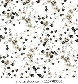 Small Floral Seamless Pattern with Cute Daisy Flowers and Pansies. Girlie Texture in Country Style for Curtains, Calico, Textile. Vector Spring Rapport.