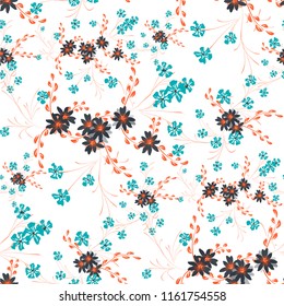 Small Floral Seamless Pattern with Cute Daisy Flowers and Pansies. Delicate Texture in Liberty Style for Linen, Textile, Wallpaper. Vector Spring Rapport.