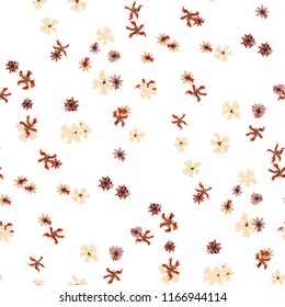 Small Floral Seamless Pattern with Cute Wild Flowers. Feminine Rapport for Print, Linen, Chintz in Trendy Country Style. Colorful Seamless Pattern with Tiny Flowers. Vector Background