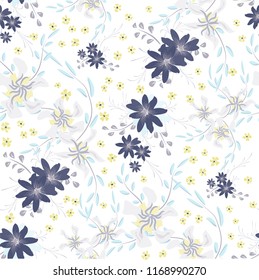 Small Floral Seamless Pattern with Cute Daisy Flowers and Pansies. Girlie Texture in Country Style for Linen, Calico, Chintz. Vector Spring Rapport.