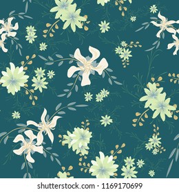 Small Floral Seamless Pattern with Cute Daisy Flowers and Pansies. Girlie Texture in Country Style for Curtains, Calico, Paper. Vector Spring Rapport.