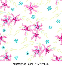 Small Floral Seamless Pattern with Cute Daisy Flowers and Pansies. Girlie Texture in Liberty Style for Linen, Textile, Wallpaper. Vector Spring Rapport.