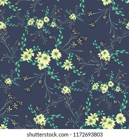 Small Floral Seamless Pattern with Cute Daisy Flowers and Pansies. Delicate Texture in Rustic Style for Curtains, Calico, Textile. Vector Spring Rapport.