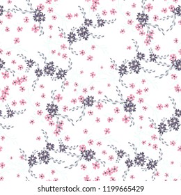 Small Floral Seamless Pattern with Cute Daisy Flowers and Pansies. Pretty Texture in Liberty Style for Cloth, Textile, Wallpaper. Vector Spring Rapport.