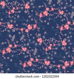 Small Floral Seamless Pattern with Cute Daisy Flowers and Pansies. Trendy Texture in Liberty Style for Linen, Textile, Chintz. Vector Spring Rapport.