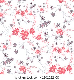 Small Floral Seamless Pattern with Cute Daisy Flowers and Pansies. Trendy Texture in Rustic Style for Cloth, Textile, Wallpaper. Vector Spring Rapport.