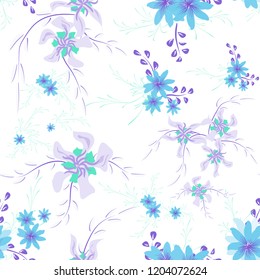 Small Floral Seamless Pattern with Cute Daisy Flowers and Pansies. Girlie Texture in Liberty Style for Curtains, Calico, Textile. Vector Spring Rapport.