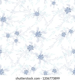 Small Floral Seamless Pattern with Cute Daisy Flowers and Pansies. Delicate Texture in Rustic Style for Linen, Textile, Wallpaper. Vector Spring Rapport.