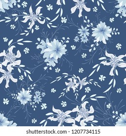 Small Floral Seamless Pattern with Cute Daisy Flowers and Pansies. Pretty Texture in Rustic Style for Curtains, Calico, Textile. Vector Spring Rapport.
