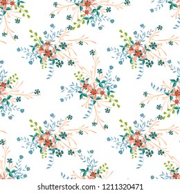 Small Floral Seamless Pattern with Cute Wildflowers. Girlie Natural Background in Rustic Style with Small Blossoms of Daisy Flowers. Vector Ditsy Pattern for Fabric, Textile. Floral Texture
