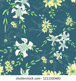 Small Floral Seamless Pattern with Cute Daisy Flowers and Pansies. Girlie Texture in Liberty Style for Fabric, Calico, Chintz. Vector Spring Rapport.