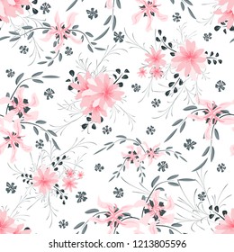 Small Floral Seamless Pattern with Cute Daisy Flowers and Pansies. Girlie Texture in Rustic Style for Curtains, Calico, Textile. Vector Spring Rapport.