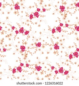 Small Floral Seamless Pattern with Cute Daisy Flowers and Pansies. Trendy Texture in Rustic Style for Fabric, Calico, Chintz. Vector Spring Rapport.