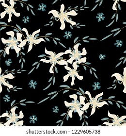 Small Floral Seamless Pattern with Cute Daisy Flowers and Pansies. Delicate Texture in Liberty Style for Curtains, Calico, Textile. Vector Spring Rapport.