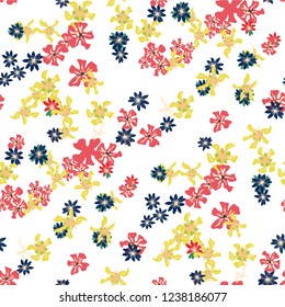 Small Floral Seamless Pattern with Cute Wild Flowers. Girlie Rapport for Linen, Textile, Fabric in Trendy Country Style. Colorful Seamless Pattern with Tiny Flowers. Vector Background