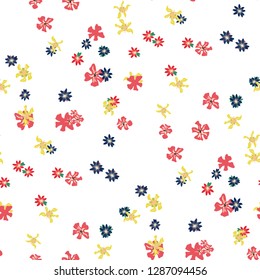 Small Floral Seamless Pattern with Cute Wild Flowers. Girlie Rapport for Print, Linen, Fabric in Trendy Country Style. Colorful Seamless Pattern with Tiny Flowers. Vector Background