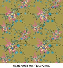 Small Floral Seamless Pattern with Cute Wildflowers. Girlie Natural Background in Rustic Style with Small Blossoms of Daisy Flowers. Vector Ditsy Pattern for Fabric, Textile. Floral Texture