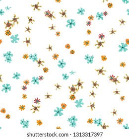 Small Floral Seamless Pattern with Cute Wild Flowers. Feminine Rapport for Wallpaper, Linen, Chintz in Trendy Liberty Style. Colorful Seamless Pattern with Tiny Flowers. Vector Background