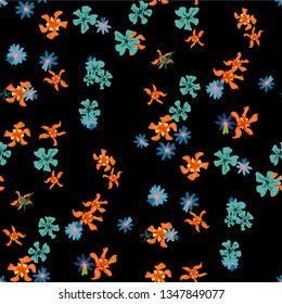 Small Floral Seamless Pattern with Cute Wild Flowers. Feminine Rapport for Print, Linen, Chintz in Trendy Country Style. Colorful Seamless Pattern with Tiny Flowers. Vector Background