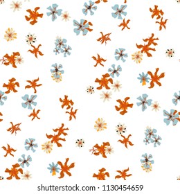 Small Floral Seamless Pattern with Delicate Wild Flowers. Feminine Rapport for Wallpaper, Dress, Chintz in Trendy Liberty Style. Colorful Seamless Pattern with Tiny Flowers. Vector Background