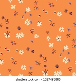Small Floral Seamless Pattern with Delicate Wild Flowers. Girlie Rapport for Print, Linen, Chintz in Trendy Country Style. Colorful Seamless Pattern with Tiny Flowers. Vector Background