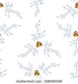 Small Floral Seamless Pattern with Gentle Daisy Flowers. Feminine Rapport for Textile, Fabric, Wallpaper in Trendy Country Style. Colorful Seamless Pattern with Tiny Flowers. Vector Background.