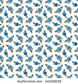 Small Floral Seamless Pattern in Liberty Style. Cute Flowers and Leaves on White Background. Simple Ditsy Ornament with Little Elements. Vintage Motif for Fabric, Textile, Wallpaper, Dress, Wrapping