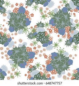 Small Floral Seamless. Pattern of Little Flowers on White Background. Feminine Blossoms in Desaturated Retro Colors. Seamless Texture for Calico, Textile, Fabric, Linen. Gentle Pattern for Dress