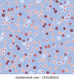Small Floral Seamless Pattern with Lovely Wild Flowers. Girlie Rapport for Print, Linen, Chintz in Trendy Country Style. Colorful Seamless Pattern with Tiny Flowers. Vector Background