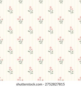 Small floral seamless pattern with pink flowers and green leaves on striped beige background vintage botanical repeating design for fabric textile wallpaper.